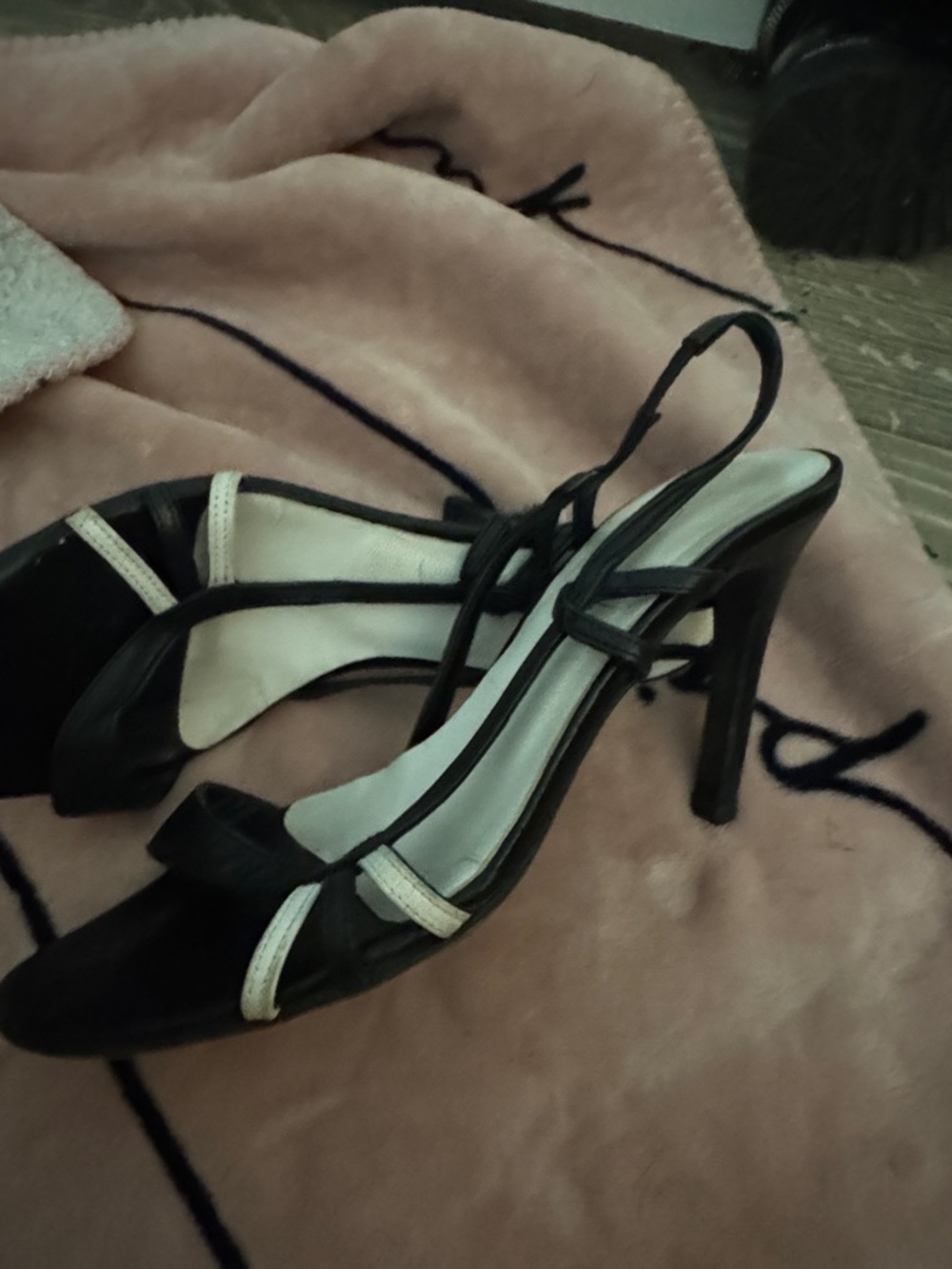 bebe Black Strappy High Heel Sandals with White Accents